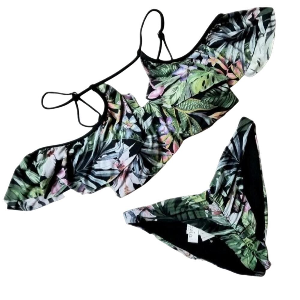 Anthro Basta Surf Black Floral Bikini 6 Tropical Hawaiian Ruffle Cheeky Strappy
